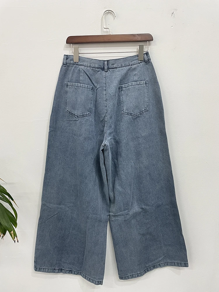 [EWQ] One-button Pleated Denim Trousers For Women Streetwear High Waist Wide Leg Jeans 2024 Spring Summer New Chic Pants 16Y6618