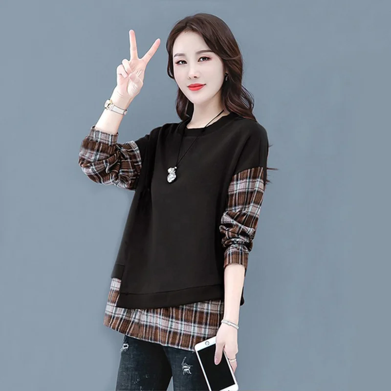 Fake Two-piece Pullover Sweatshirt Women in Spring and Autumn New Korean Style Plaid Casual Loose Base Shirt Women