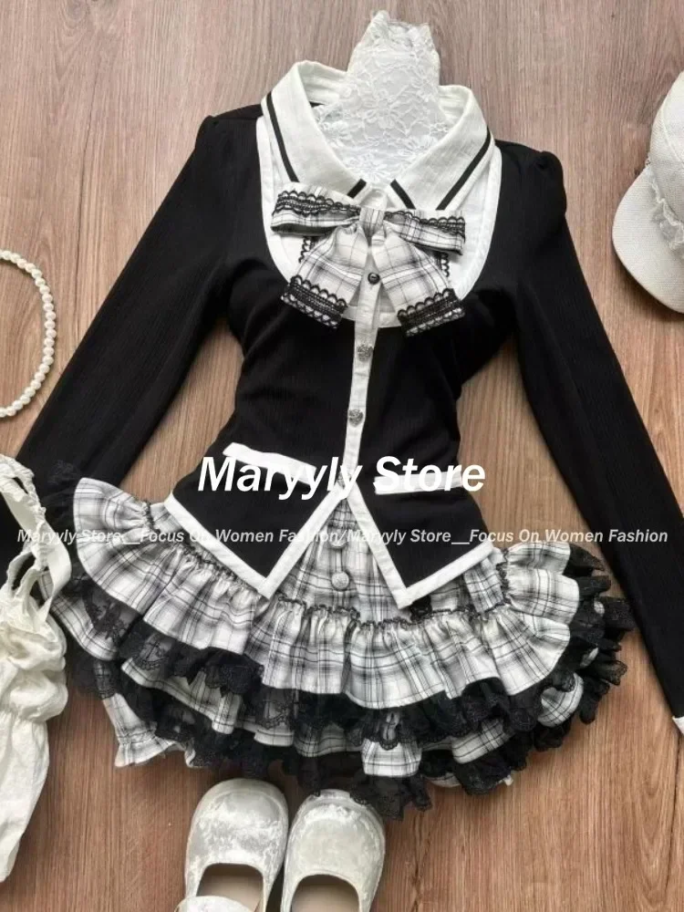 Gothic Y2k Vintage Preppy Style 2 Piece Set Women Sweet Bow Knitted Cardigan Ruffles Plaid Mini Skirt Fashion Lolita Outfits New