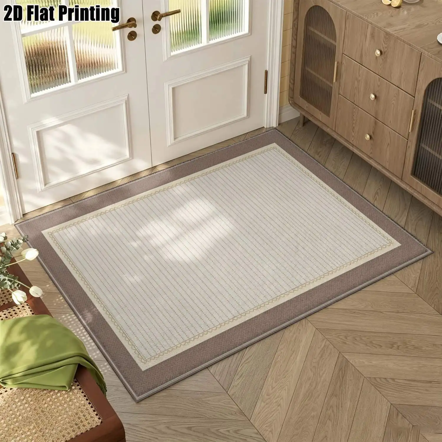 1Pc 2D Printed Beige Line Border Carpet: European Retro Geometric Striped Pattern, Home Decor Mat, Multi-Size, Machine Washable, for Entrance/Dining/Bedroom/Study
