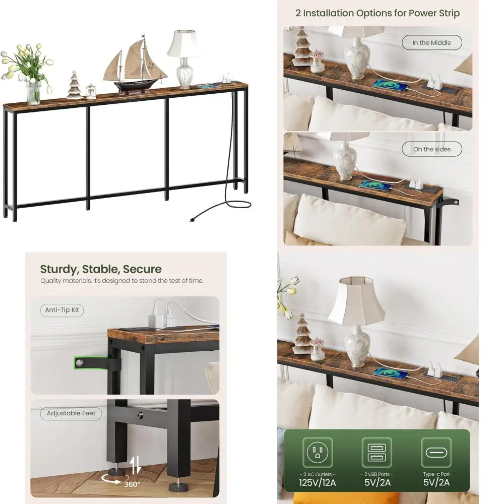 

Узкий консольный столик в деревенском стиле с зарядной станцией для за диваном, с двумя розетками переменного тока и двумя портами USB