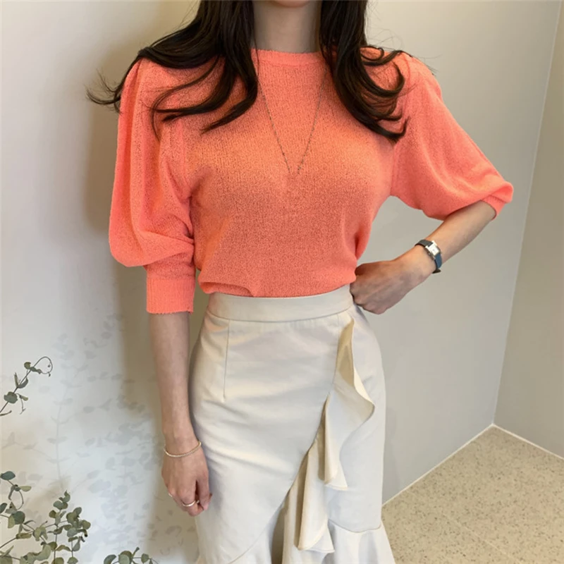 REALEFT Summer Hollow Out Knited Women\'s T-Shirts 2024 New Solid Short Sleeve O-Neck Korean Knitwear Tops Shirt Female