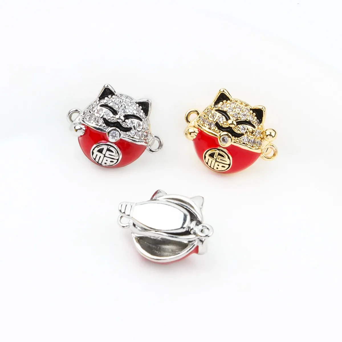 18K Real Gold-plated Zircon-inlaid Lucky Cat Ingot Buckle, Chinese Style Plug Stick Press Buckle DIY Accessories