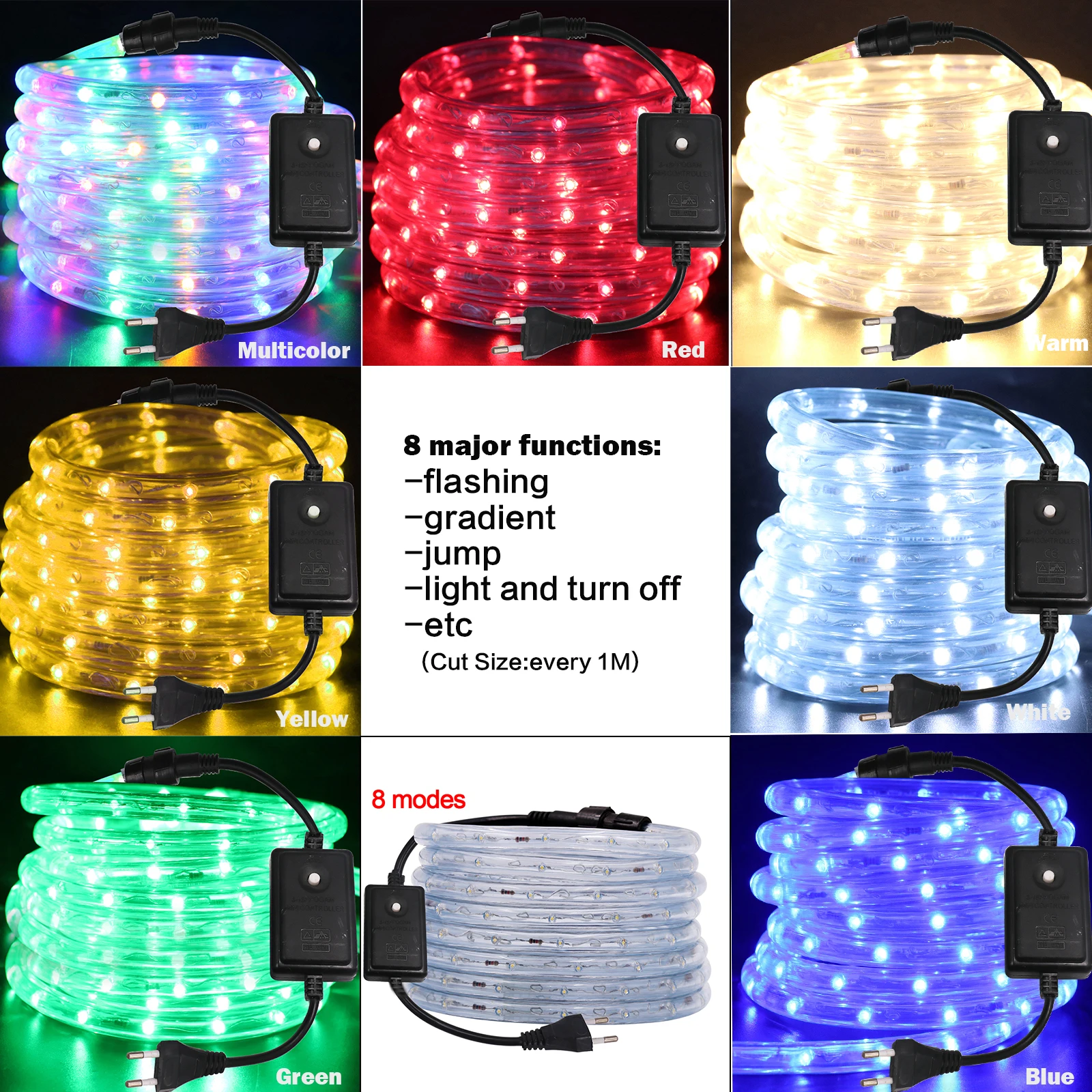 AC 220V Neon LED Strip Waterproof 360 Degree Round Neon Sign Light Blue Red White Outdoor Rainbow Tube Rope Light Party Decor