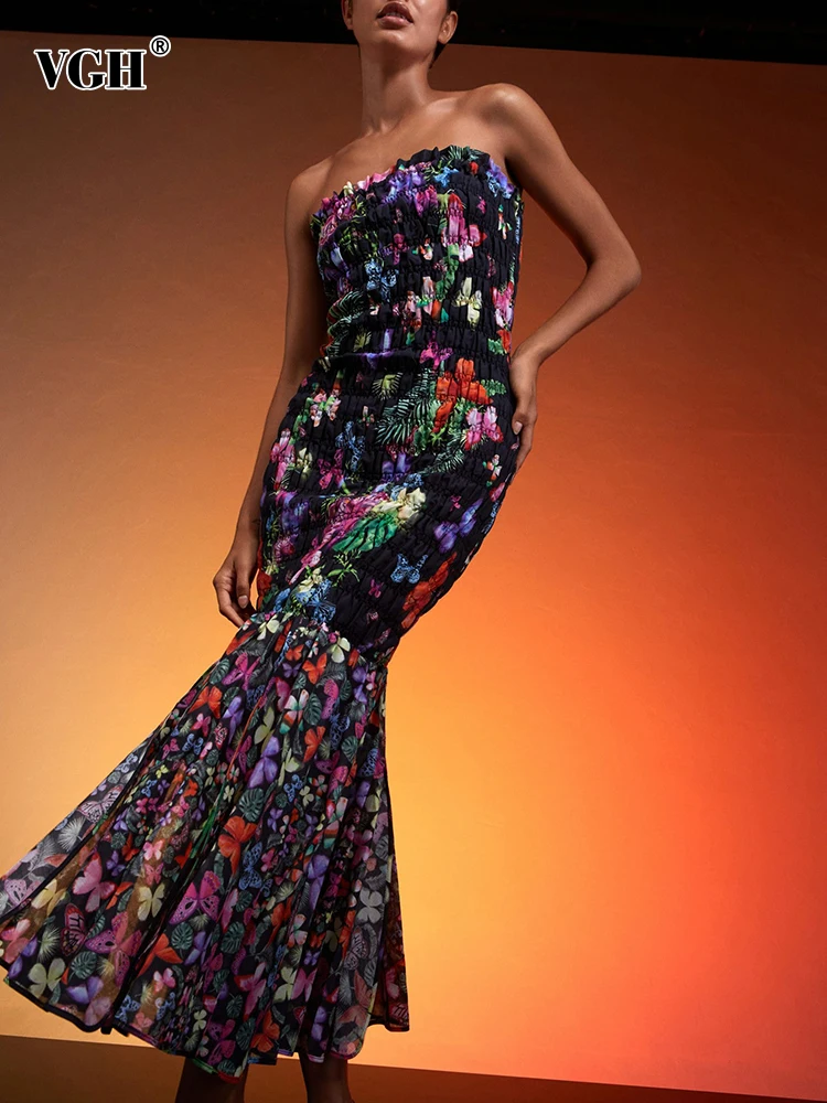 

VGH Hit Color Floral Printing Backless Dress For Women Halter Sleeveless High Waist Slimming Temperament Dresses Female Fashion
