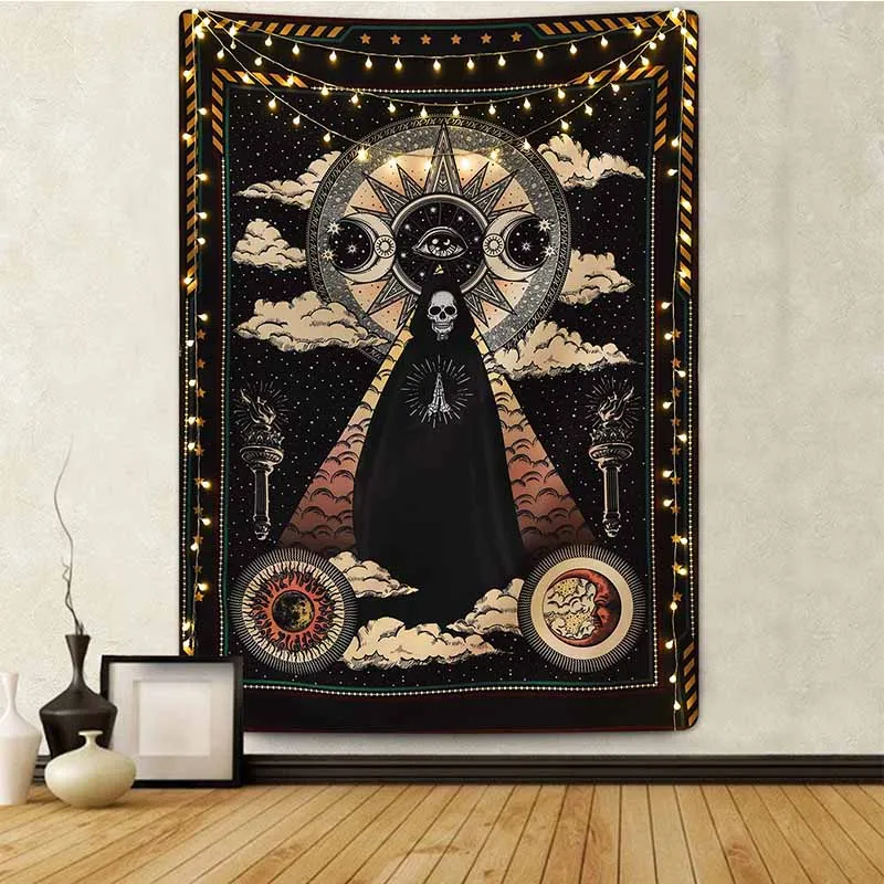 Sun Moon Black Skull Tapestry Wall Hanging Ancient Wall Tapestry Witchcraft Hippie Tapestry Wall Carpets  Psychedelic Tapestry