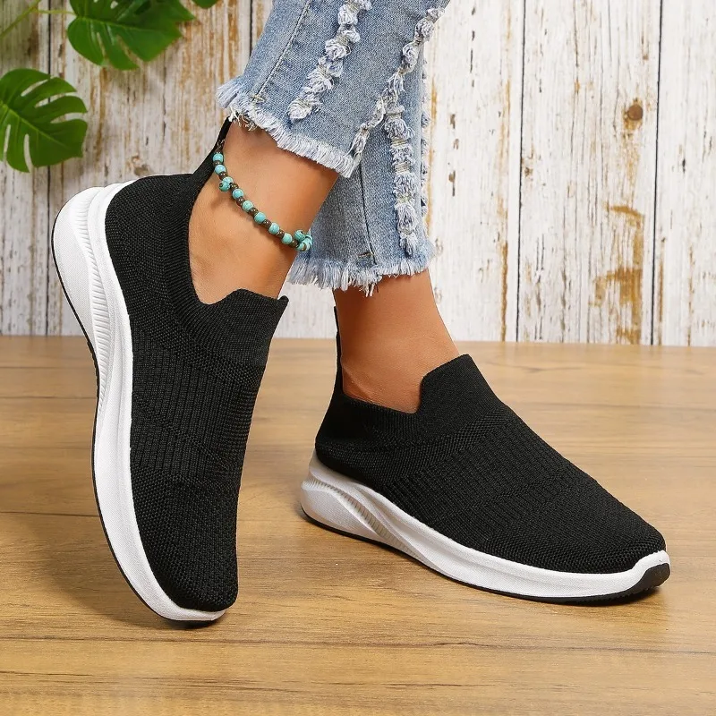 2024 Sneakers Women's Rhinestone-Embellished Platform Knit Running Shoes Crystal Soft Bottom Flat Breathable Mesh Sneakers Shoes