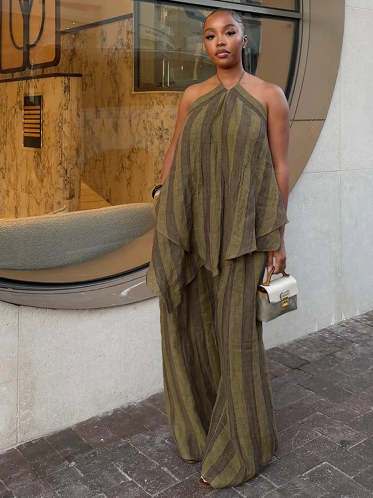 

Свободный полосатый жилет и брюки в комплекте: женский топ без рукавов с открытой спиной и широкие брюки. Летний праздничный наряд для женщин 2026.