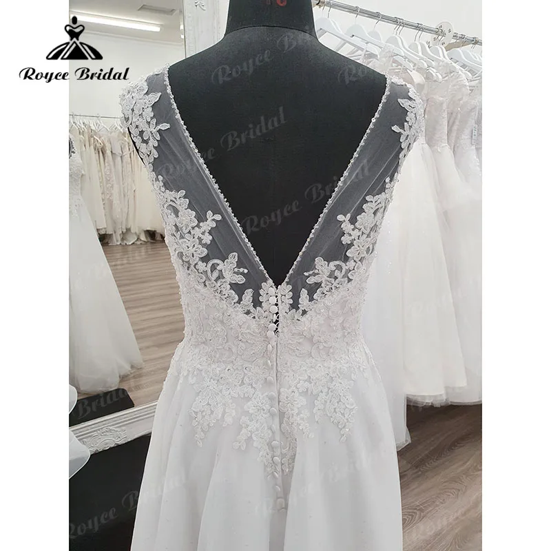 V Neck Cap Sleeve Spitze Appliques Gefrieste Hochzeit Kleid Bodenlangen Backless 2023 Elegante Vestidos Bürger Brautkleid Custom