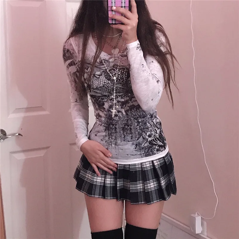 Camiseta con estampado gráfico de diamantes de imitación para mujer, jerséis Retro Harajuku Fairycore Grunge ajustados, camisetas y2k estéticas Vintage góticas Tos