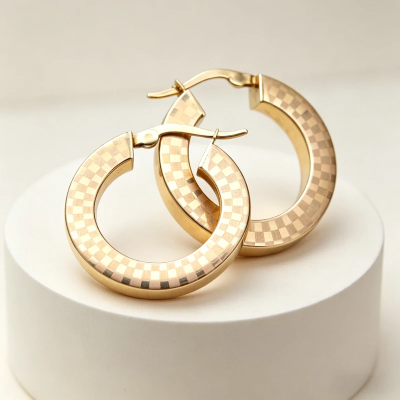 Fashion Classic Checkered Pattern Design Golden Hoop Earrings for Women Elegant Charming Banquet Anniversary Jewelry Accessories