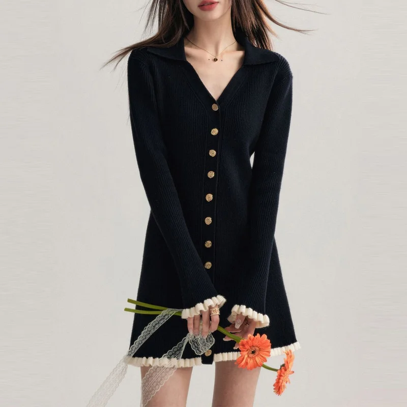 French Fashion Old Money Long Sleeve Knit Dress Women 2000s V-Neck Frock Autumn Winter Lady Vintage Elegant A-line Mini Dresses