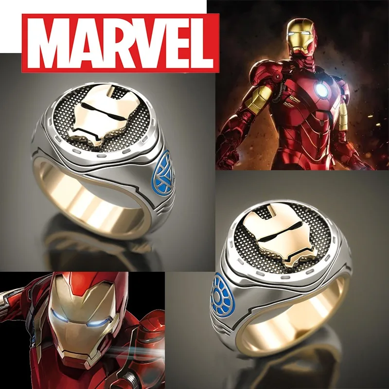 

Периферийные мужские кольца с героями мультфильмов Marvel, аниме, ювелирные изделия, модные тенденции, ретро, Железный человек, креативное кольцо с черным маслом, двухцветное кольцо, подарки
