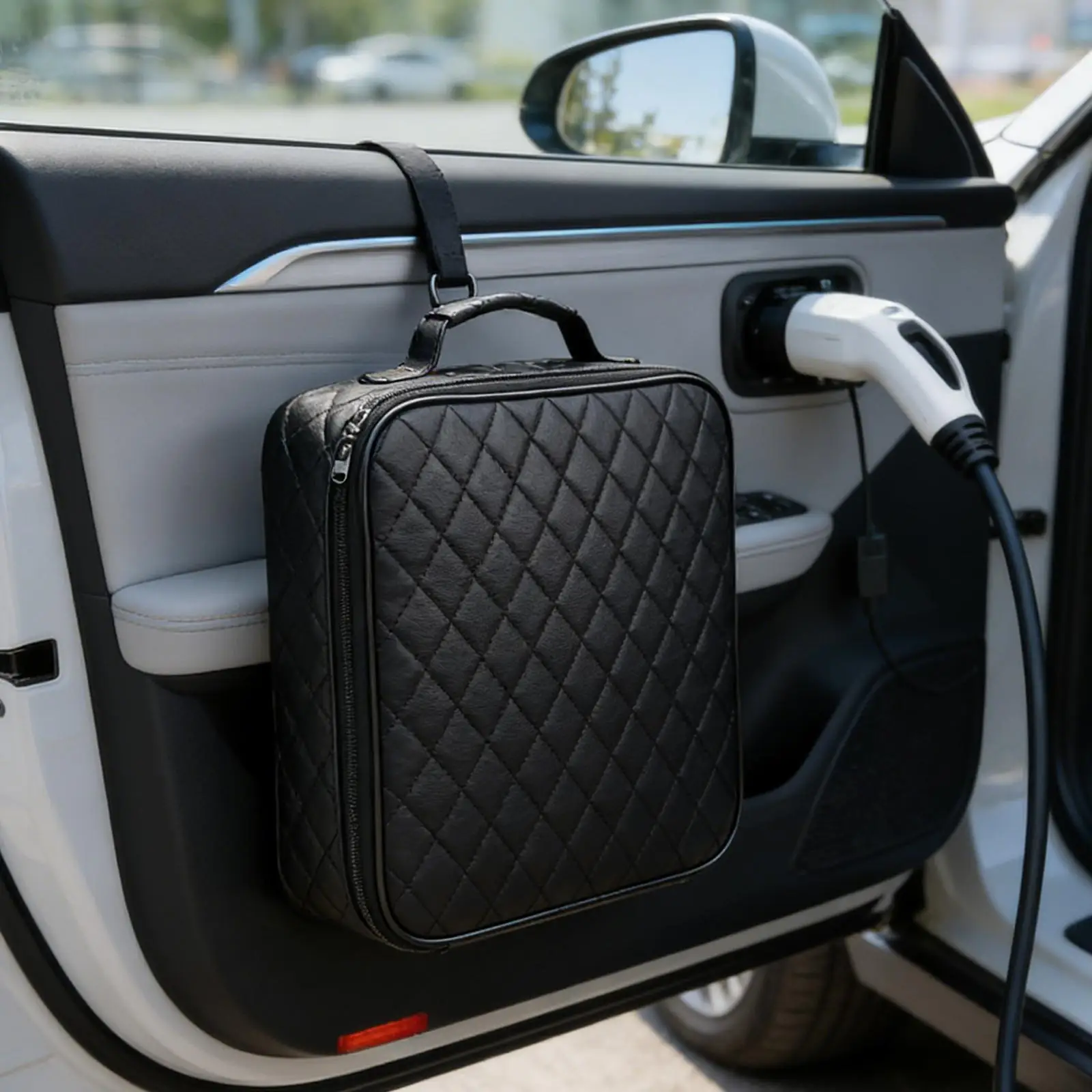 EV Charger Cable Storage Bag Durable Waterproof PU Leather Double Zipper Organizer for Electric Vehicle Cable Management Travel