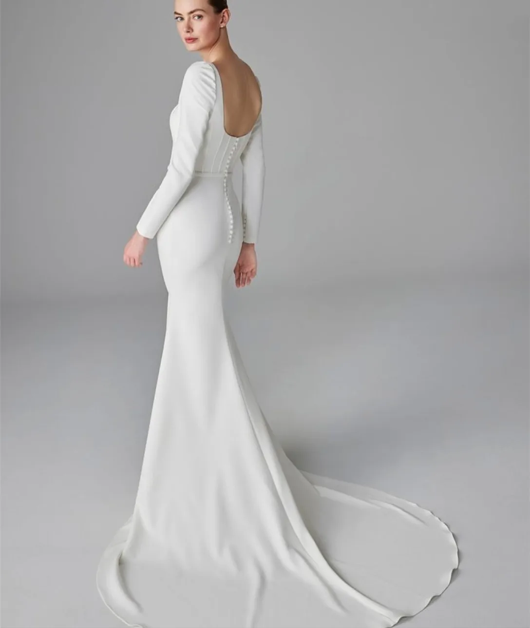 Customized Long Sleeve Square Neck Wedding Dresses Mermaid Crepe Sweep Train Vestidos de Novia Bridal Gown for Women