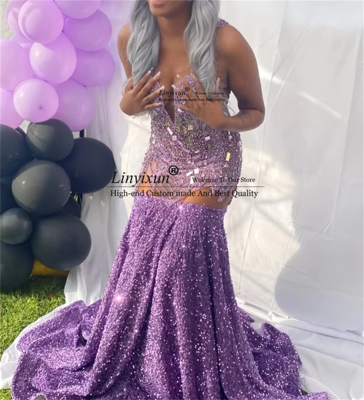 Elegant Purple Black Girls Sequins Prom Dress Crystal Beading African Formal Aso Ebi Evening Gown Customized robes de soirée