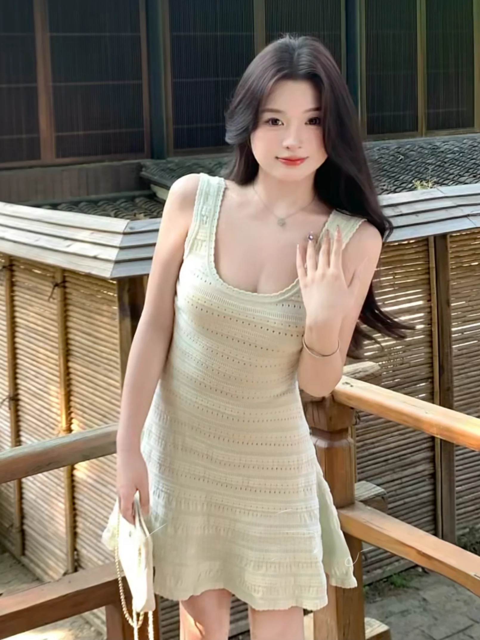 Qingyi Knitted Dream Strapless Dress Elegantly Slimming Short Skirt Hollow out Waist-Cinching Sleeveless Vest Dress