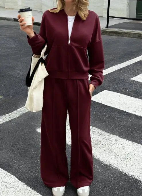 

Women's Two-Piece Set 2025 Autumn and Winter Vacation Style Zipper Jacket Casual Pants Set Simple Commuting Elegant Pants Set