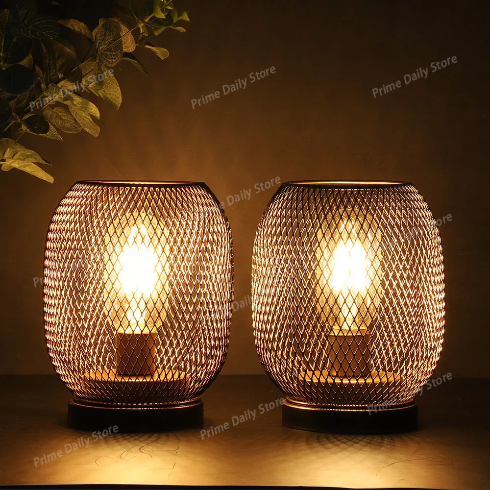 2Pcs Metal Cage Table Lamp Round Shaped LED Lantern Battery Powered Cordless Lamp for Weddings Party  Home Decor Candle Holder