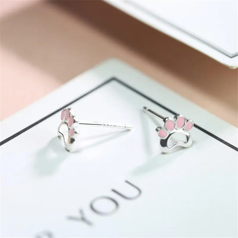 New Fashion Jewelry Beautiful Creative Cute Animal 925 Sterling Silver Sweet Cat Claw Pink Exquisite Stud Earrings  E085