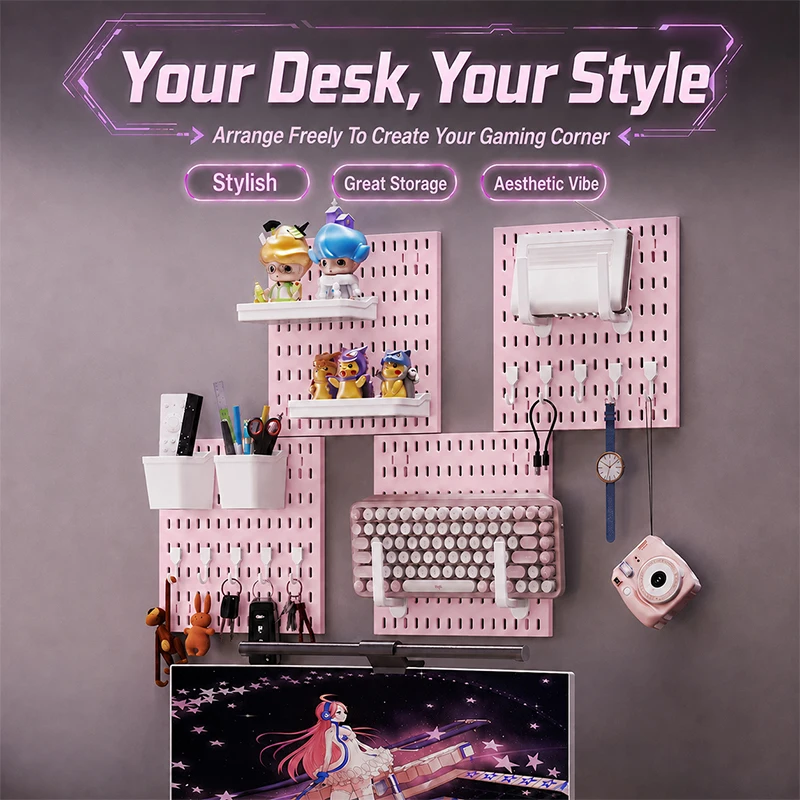 Pink Combinable No Drill Pegboard Display Organizer Wall Hanging Kit for Teen Gaming Desk Game Peripheral Controller Storage