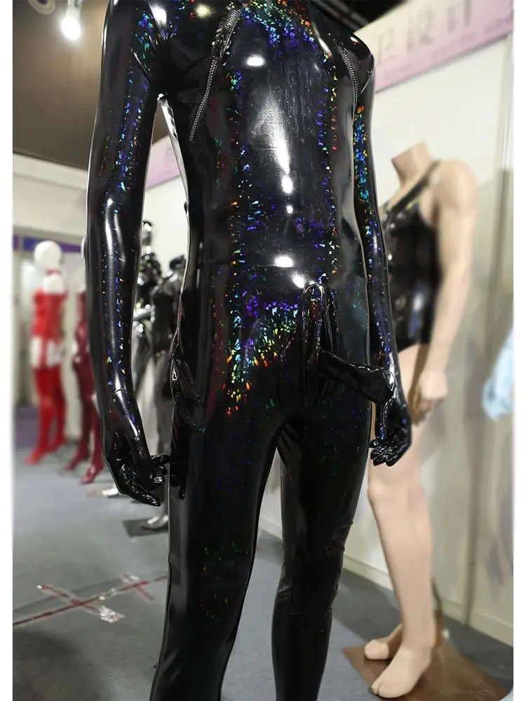 M-4XL Laser Wet Look PVC Hooded Catsuit Zentai Separate Finger Zipper Bust Bodysuit Tights Shiny PU Leotard Conjoined