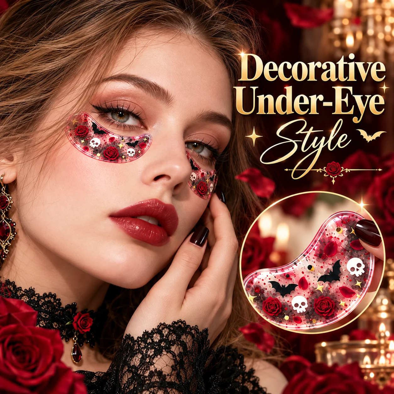 10/5/2 Pairs Gothic Rose Under-Eye Stickers, Red Skull & Bat Decorative Eye Patches for Halloween Makeup, Cosplay & Parties
