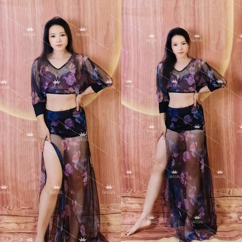 

Индивидуальный костюм для танца живота Swega, тренировочная одежда, одежда для восточных танцев, черный, розовый, фиолетовый, сетчатый комплект, микропрозрачный сексуальный комплект