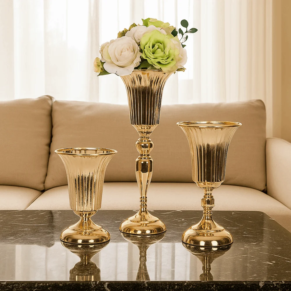 Creative European Style Metal Trumpet Vases Golden Decorative Wedding Flower Vase Anti-fall Dried Flower Pot Restaurant