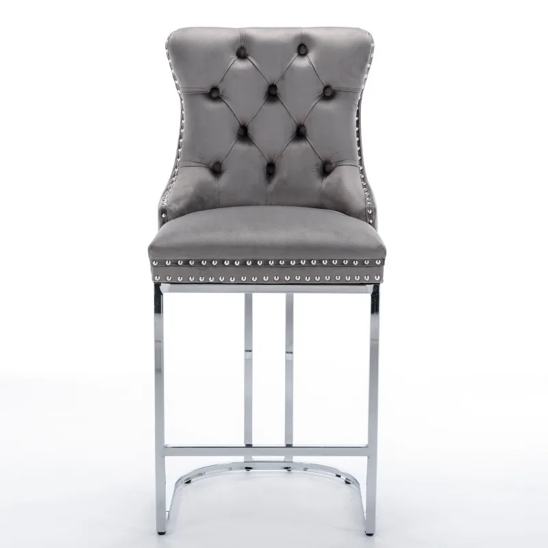 Modern Velvet Counter Height Wine Bar Stool Set 2 Pieces         with Stainless Steel Dining Chairs