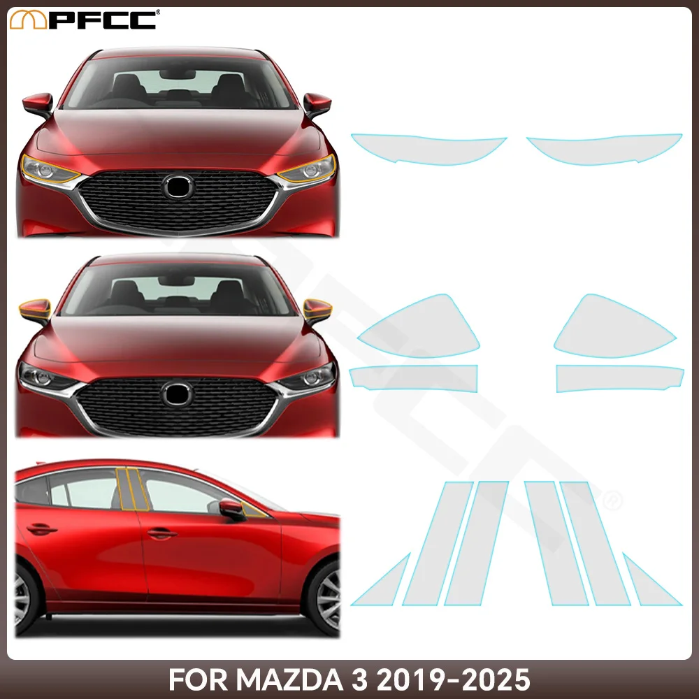 

Для Mazda 3 2019-2025 автомобильные фары заднего вида B C стойки защитная пленка для краски из ТПУ предварительно вырезанный бюстгальтер PPF прозрачный комплект крышка против царапин