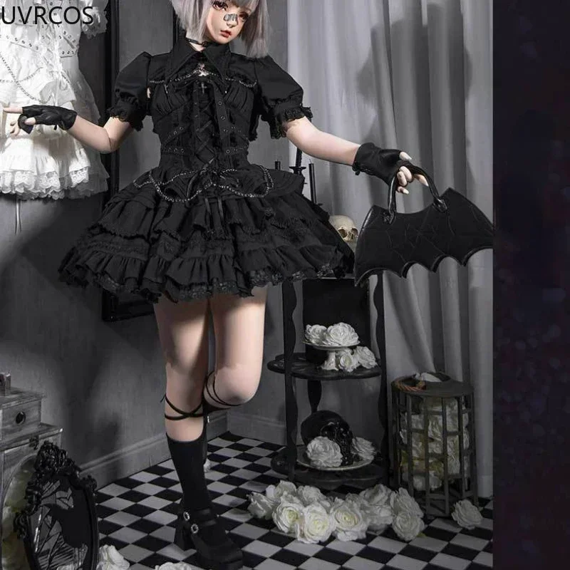 Victorian Gothic Lolita Jsk Dress Wwomen Vintage Y2k Bandage Princess Dresses Japan Girls Aesthetic Punk Style Mini Party Dress