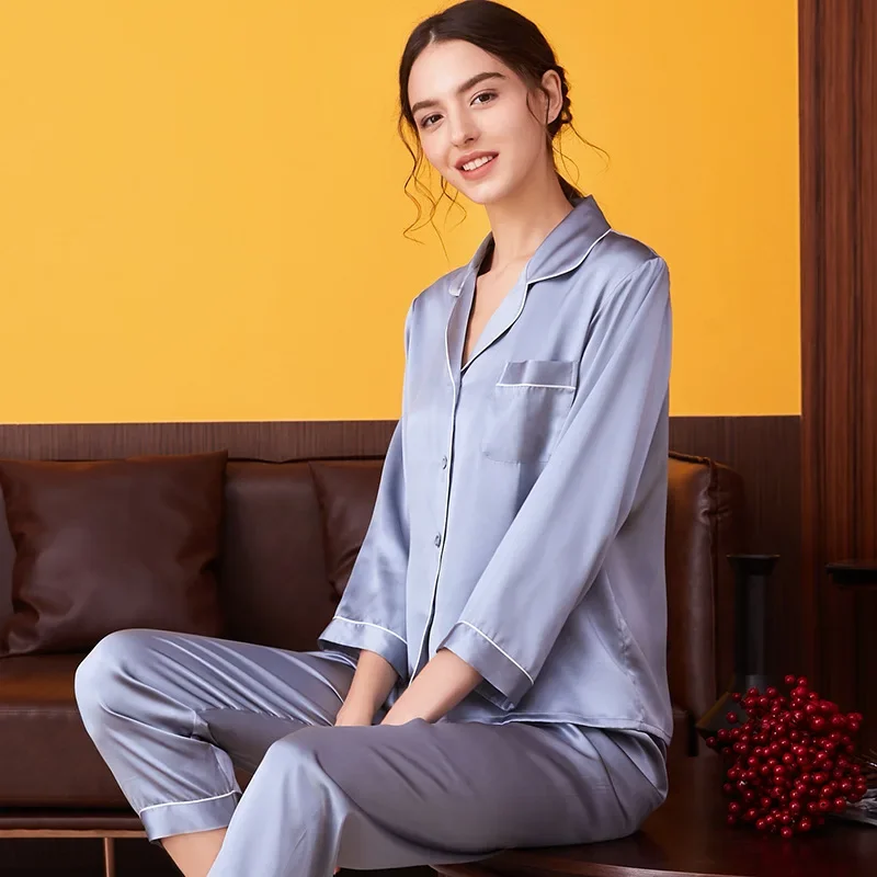 Women Luxury 100% Silk Pajamas Set Long Sleeve Silk Sleepwear Pjs Set Two-piece Button Down Loungewear M-XXL Real Silk Home Suit