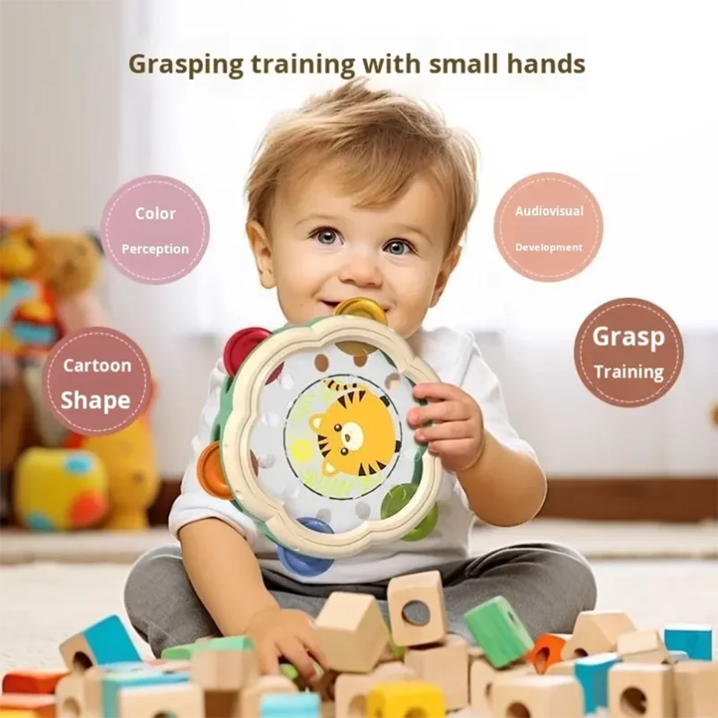 Tamburi a mano per bambini Strumenti a percussione Campane per bambini Puzzle Educazione precoce Orologi a mano Giocattoli per allenamento con presa