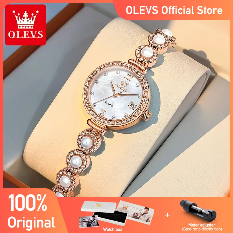 

OLEVS 5635, женские часы, элегантные модные оригинальные кварцевые часы, водостойкая цепочка для часов с жемчугом, автоматическая дата, женские часы в коробке, Reloj