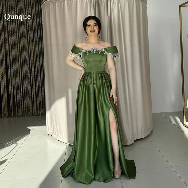 

Qunque New Party Evening Dress Luxurious Beadings Tassel Vestido De Noche Fashion Short Sleeves High Split Prom Gowns Customized