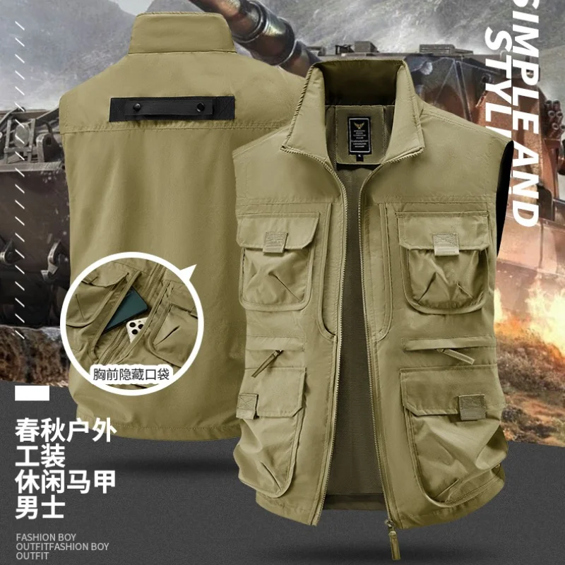 2025 Men's Outdoor Tooling Multi-Pocket Casual Outdoor Fishing Large Size Vest with Vertical Collar Breathable Quick-drying Vest