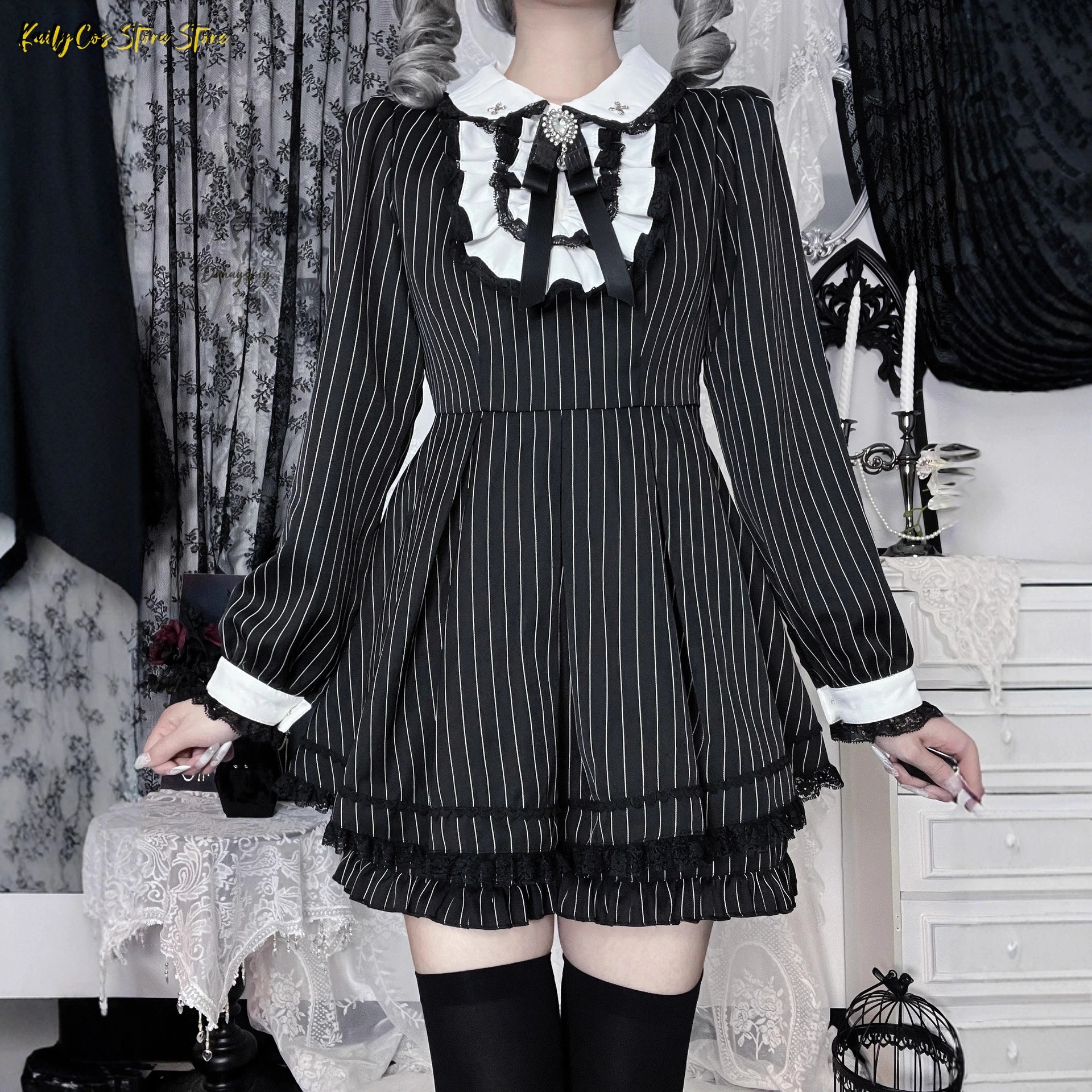 New Japanese Subculture Striped Maid Outfit Jirai Kei Lolita Long-Sleeve Dress SetRuffled Lace+Apron+Belt | Anime Maid Style view 5