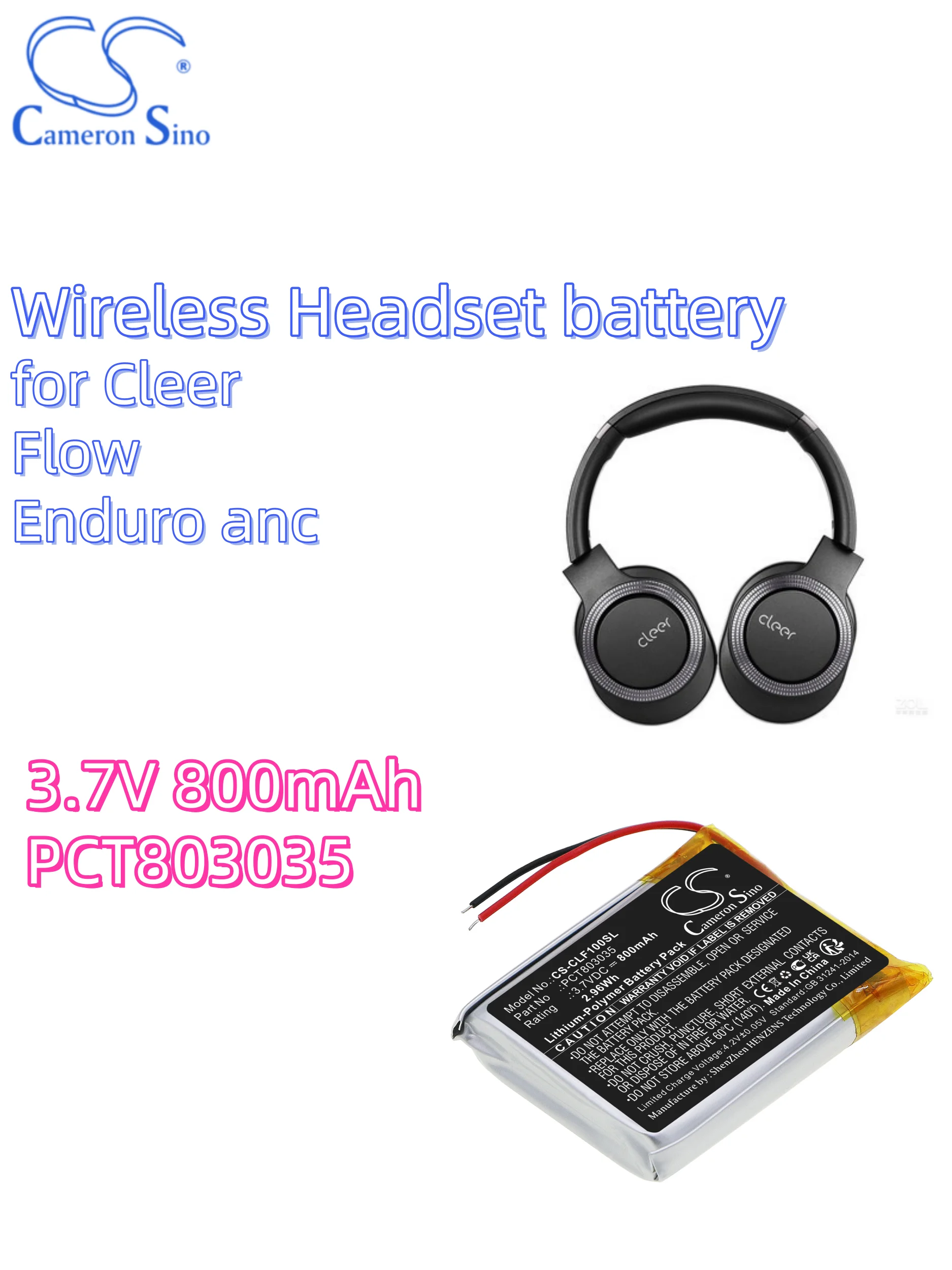 battery Cameron Sino batteries Wireless Headse 3.7V 800mAh for Cleer Flow Enduro anc PCT803035