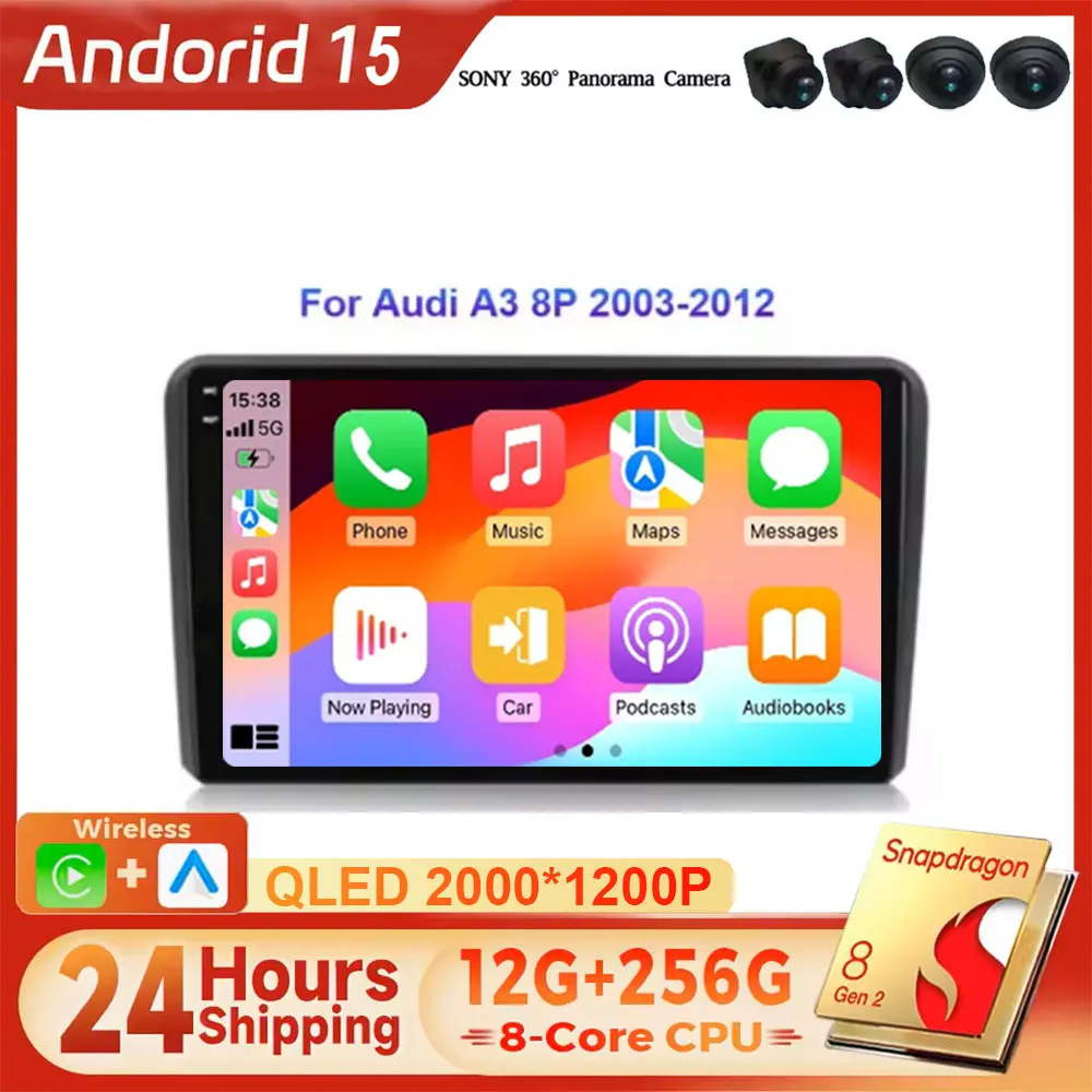 Car Radio Android 16 For Audi A3 8P 2003 - 2012 Wireless CarPlay Auto 4G WIFI Multimedia Video Player GPS QLED
