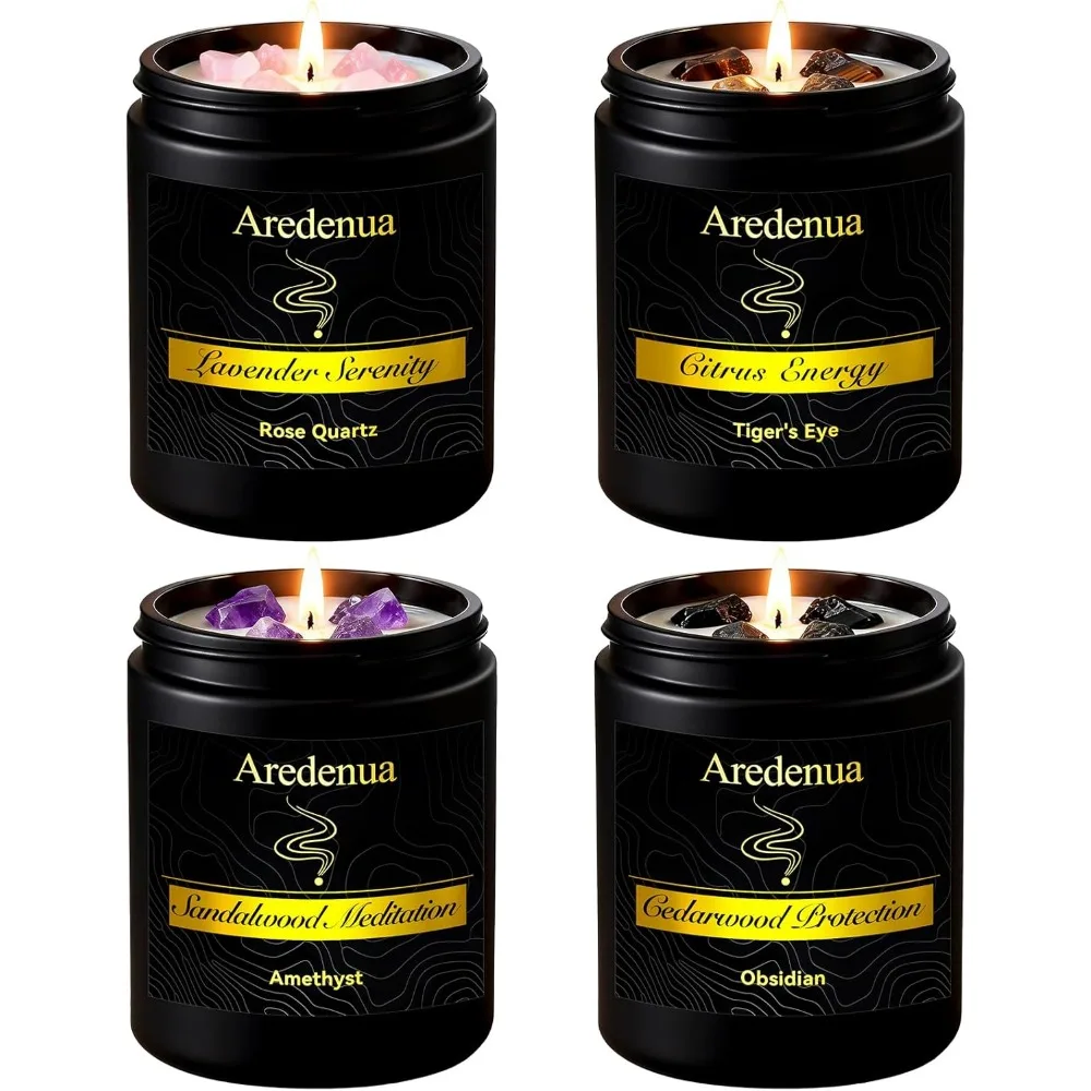 

Four Crystal Energy Soy Candles Rose Quartz Amethyst Tiger Eye Obsidian 7oz Lavender Citrus Sandalwood Cedar Meditation Gift