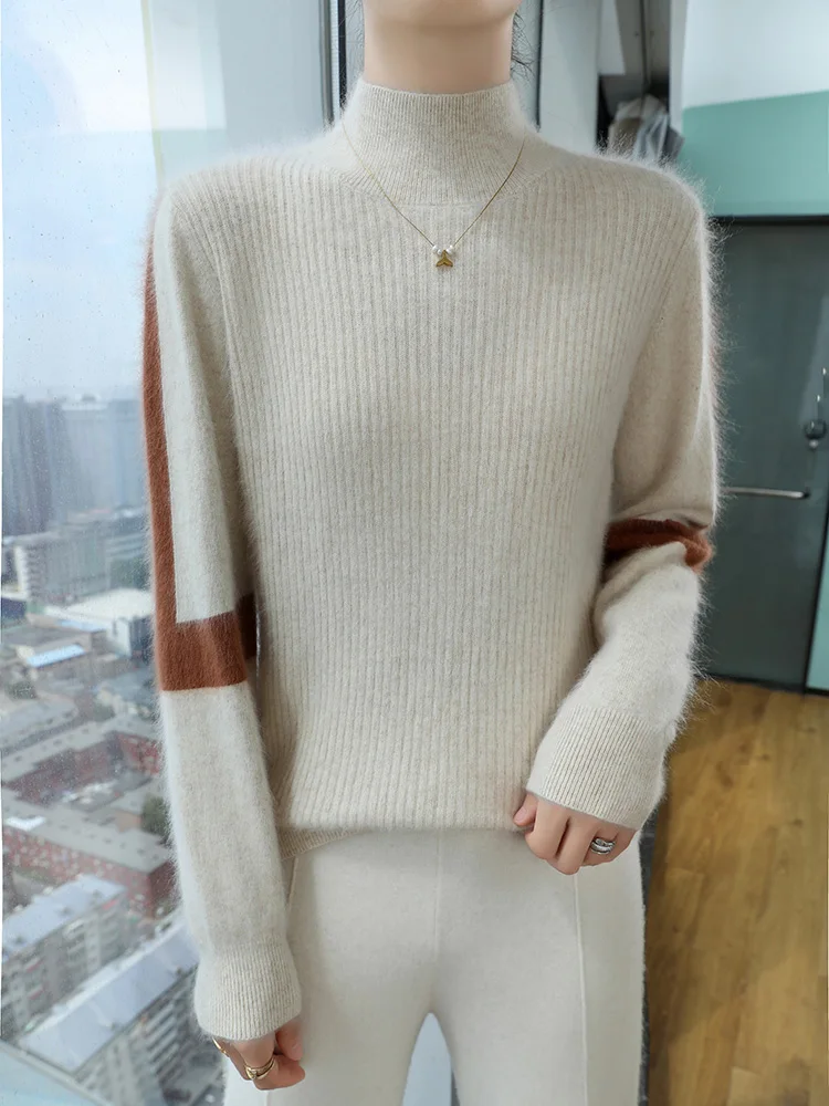 Autumn and winter new women\'s clothing 100% mink cashmere knitted half high neck pullover casual loose warm Korean style top