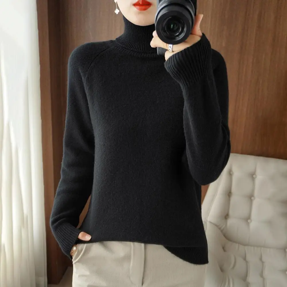 Crochet Knit Sweater Cozy Ribbed Trim High Collar Women's Sweater Long Sleeve Knit Top with Thickened Bottoming Solid Color