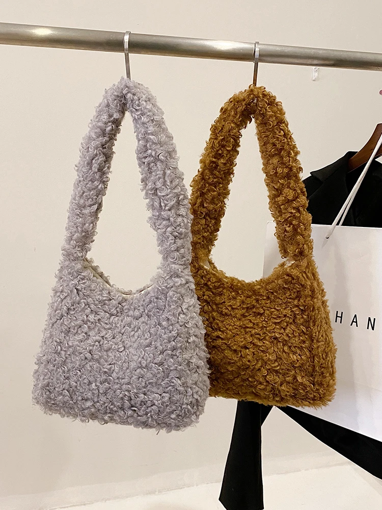 Solid Color Faux Lamb Wool Women\'s Shoulder Bag Vintage Soft Plush Ladies Underarm Bags Fake Fur Female Fluffy Tote Handbags