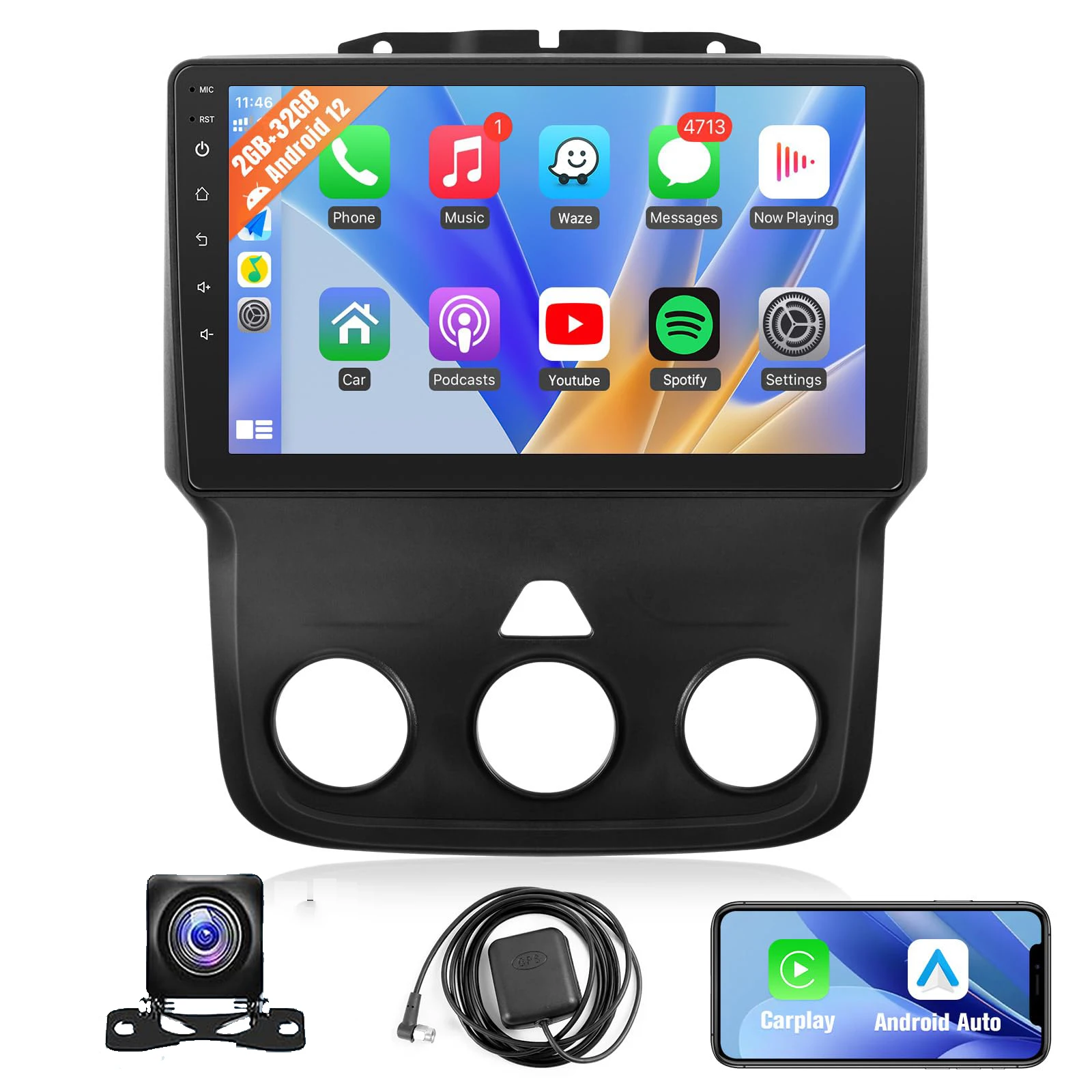 

9 inch Touch Screen Radio Upgrade Bluetooth WiFi GPS Rear Camera for Dodge RAM 1500 2500 3500 2013 -2018 Manual AC