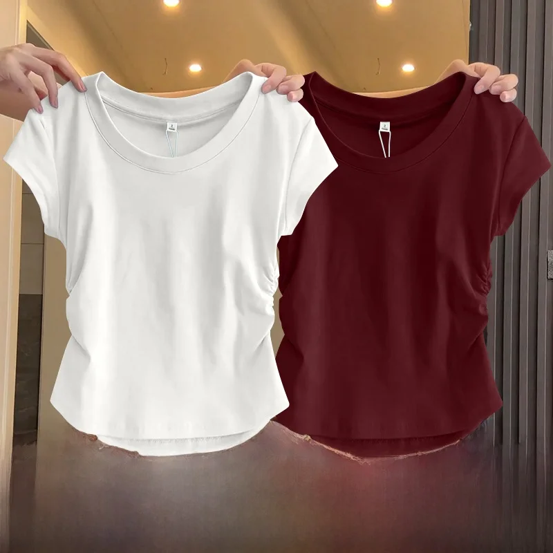 Women's ort Sve T-irt 2025 New Summer Slim Fit Design Teaded Waist Pure Color Body a Versatile Top Quali