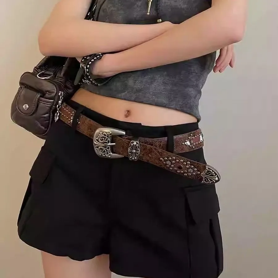 Retro Carved Brown Rivet Belt Women's Korean Version New Jeans Accessories Personalized High-end Slimming Belt Trend