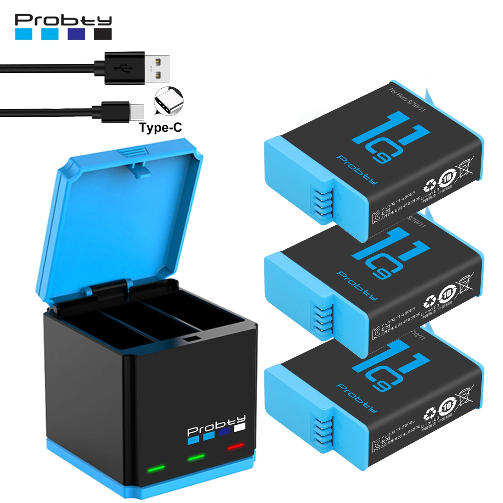 Akumulator 1850 mAh do GoPro hero 10 + ładowarka LED z 3 gniazdami i portem typu C do kamer sportowych GoPro Hero 12 Go Pro 10 hero 11 hero 9