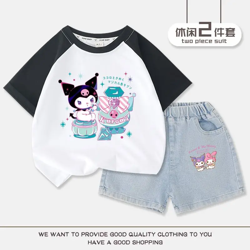 Anime Sanrios Kids Casual Suit Kuromi Boys Girls Cartoon Short Sleeve Shorts Two-Piece Cotton T-Shirt Fashion Sportswear Summer