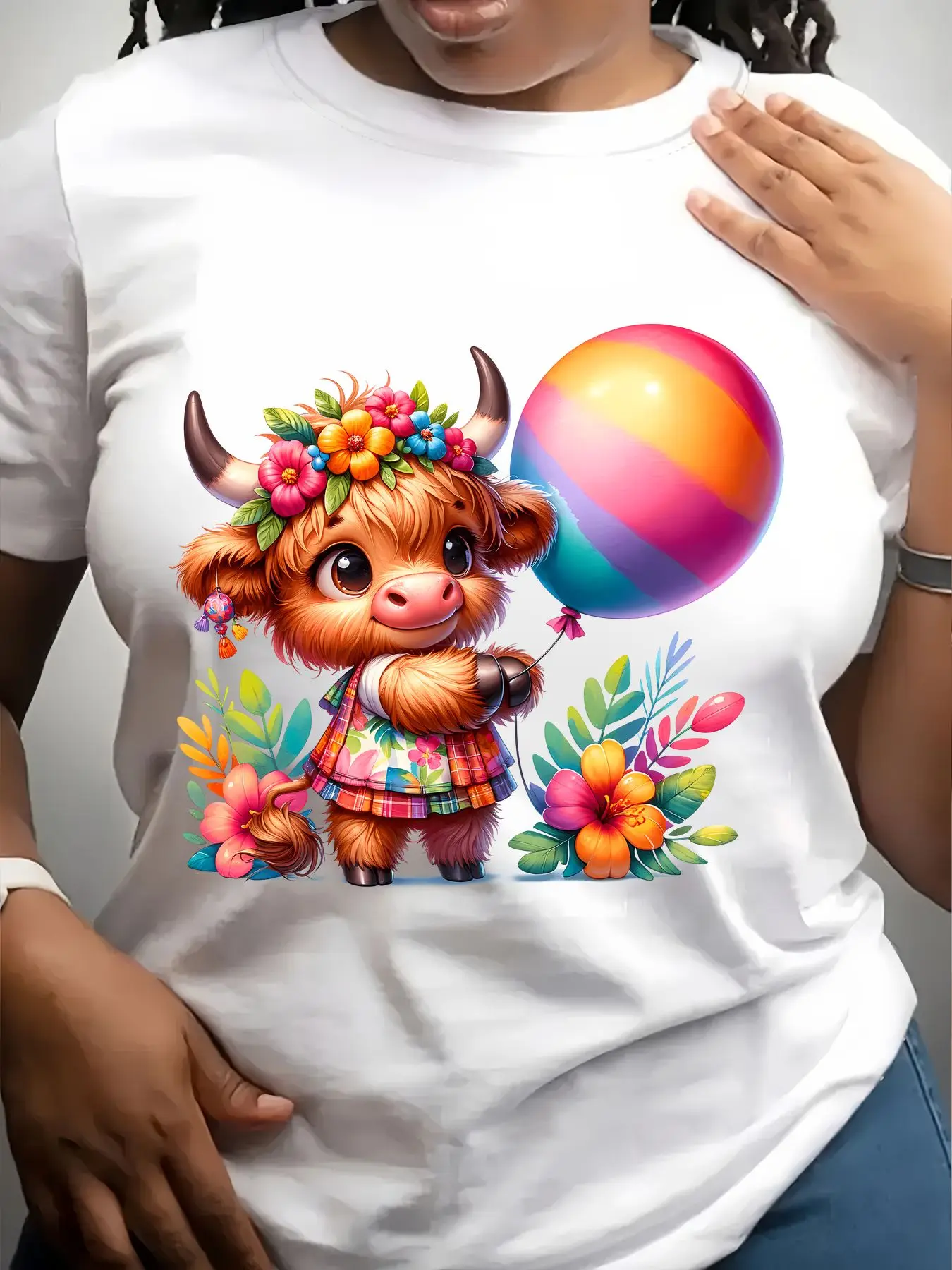 Women's Trendy Crew Neck T-Shirt Cute Bull with Rainbow Balloon Suitable for Casual Sportswear